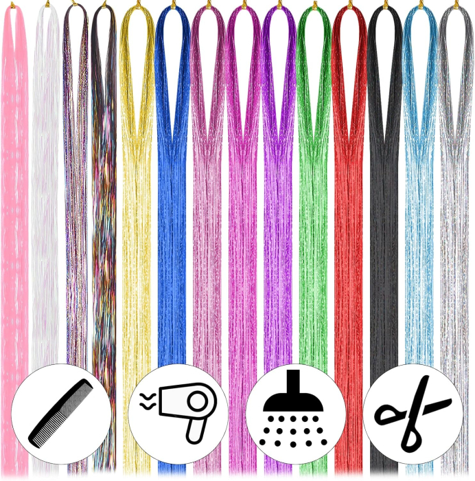 Șuvițe decorative pentru păr, Hair Tinsel, 14 culori, 94 cm, extensii colorate cu efect strălucitor [5]
