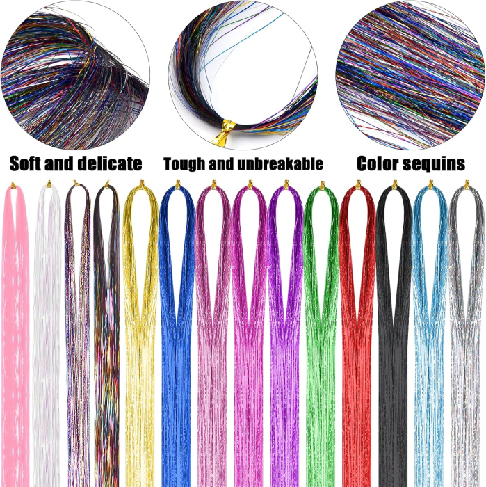 Șuvițe decorative pentru păr, Hair Tinsel, 14 culori, 94 cm, extensii colorate cu efect strălucitor [3]