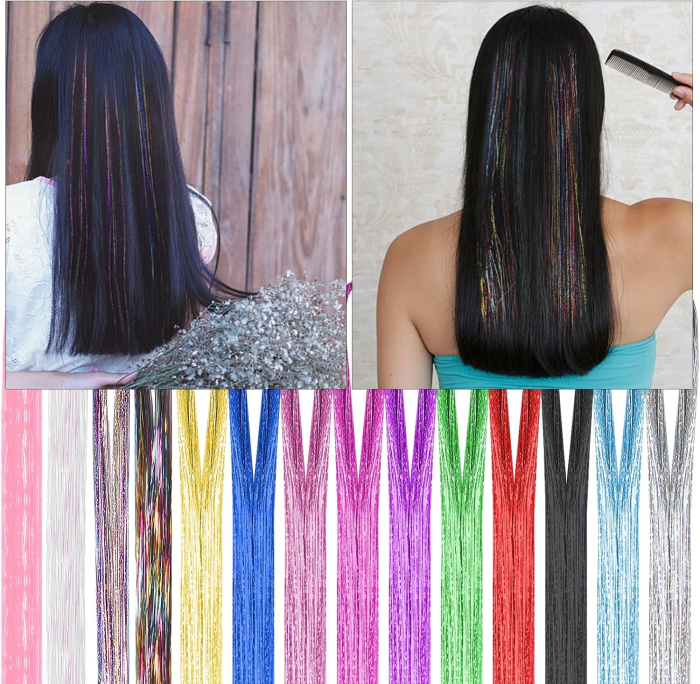 Șuvițe decorative pentru păr, Hair Tinsel, 14 culori, 94 cm, extensii colorate cu efect strălucitor [6]