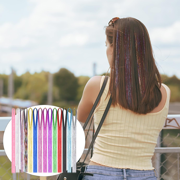 Șuvițe decorative pentru păr, Hair Tinsel, 14 culori, 94 cm, extensii colorate cu efect strălucitor [7]