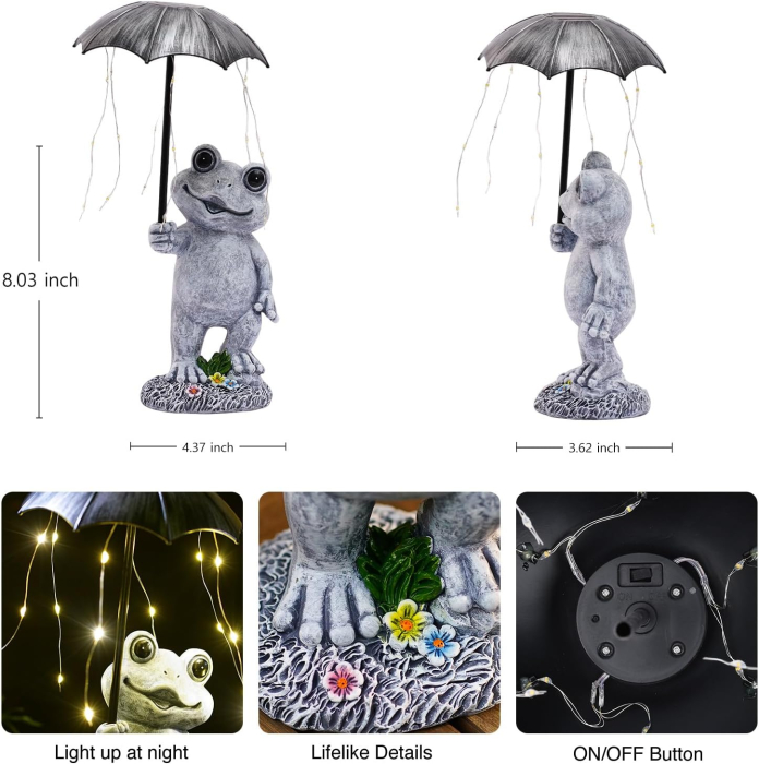 Figurină decorativă solara broscuta cu LED-uri, lumină caldă, rășină, alimentare pe baterii, cutie cadou [3]