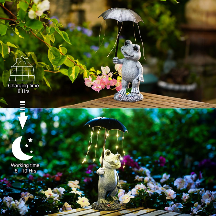 Figurină decorativă solara broscuta cu LED-uri, lumină caldă, rășină, alimentare pe baterii, cutie cadou [5]