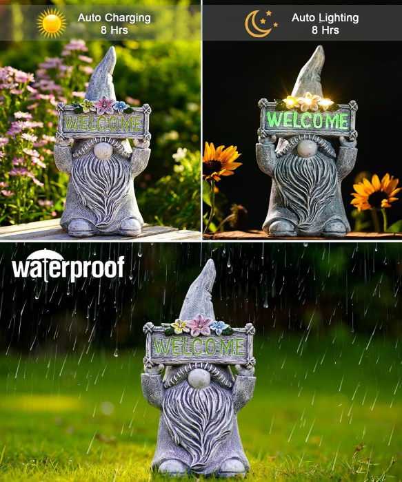Pitic de Grădină cu LED Solar, Figurină Decorativă cu Semn Welcome, Lumină Automată, Exterior/Interior [5]