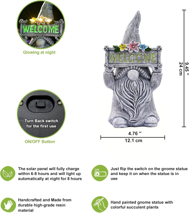 Pitic de Grădină cu LED Solar, Figurină Decorativă cu Semn Welcome, Lumină Automată, Exterior/Interior [4]
