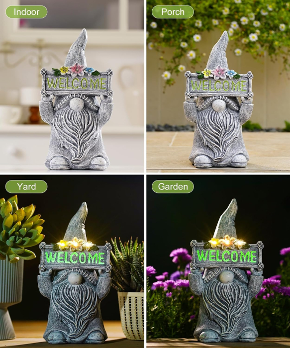 Pitic de Grădină cu LED Solar, Figurină Decorativă cu Semn Welcome, Lumină Automată, Exterior/Interior [6]