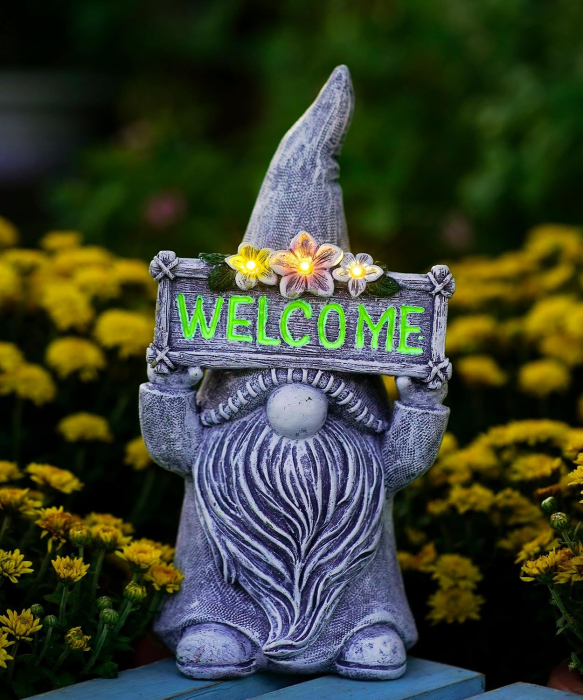 Pitic de Grădină cu LED Solar, Figurină Decorativă cu Semn Welcome, Lumină Automată, Exterior/Interior [7]