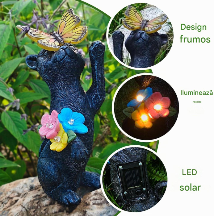 Decorațiune Solară Grădină Lifemet, Pisică Neagră cu Fluture și Felinar LED, Rășină [4]
