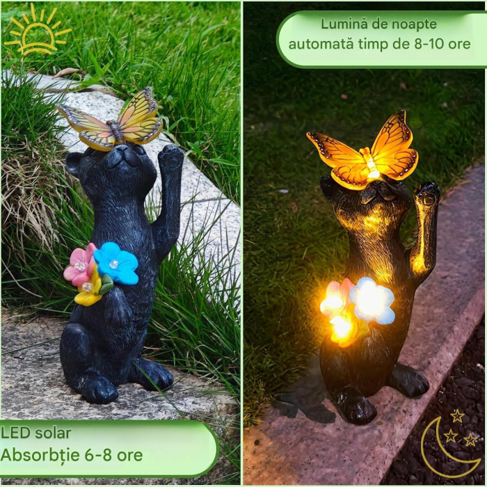 Decorațiune Solară Grădină Lifemet, Pisică Neagră cu Fluture și Felinar LED, Rășină [5]