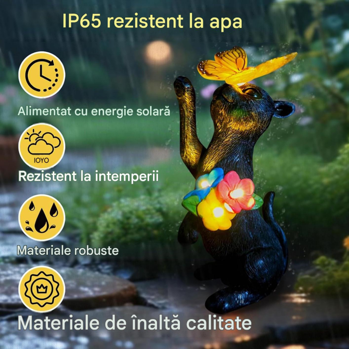 Decorațiune Solară Grădină Lifemet, Pisică Neagră cu Fluture și Felinar LED, Rășină [3]