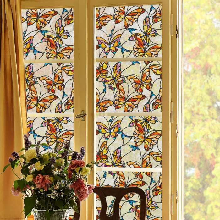 Folie autoadeziva blurata pentru confidentialitate ferestre , blocant UV 30x300 cm fluturi colorati [2]