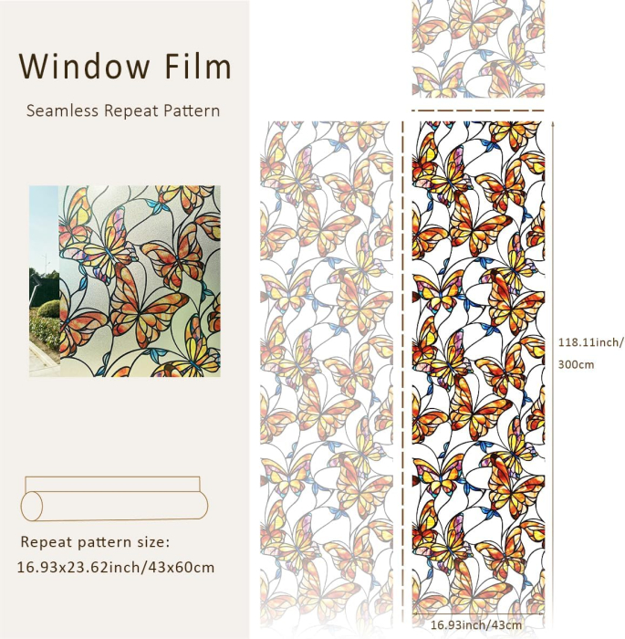Folie autoadeziva blurata pentru confidentialitate ferestre , blocant UV 30x300 cm fluturi colorati [7]