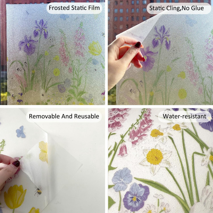 Folie autoadeziva blurata pentru confidentialitate ferestre , blocant UV 43x200 cm Iepure-Fluturi-Flori [5]