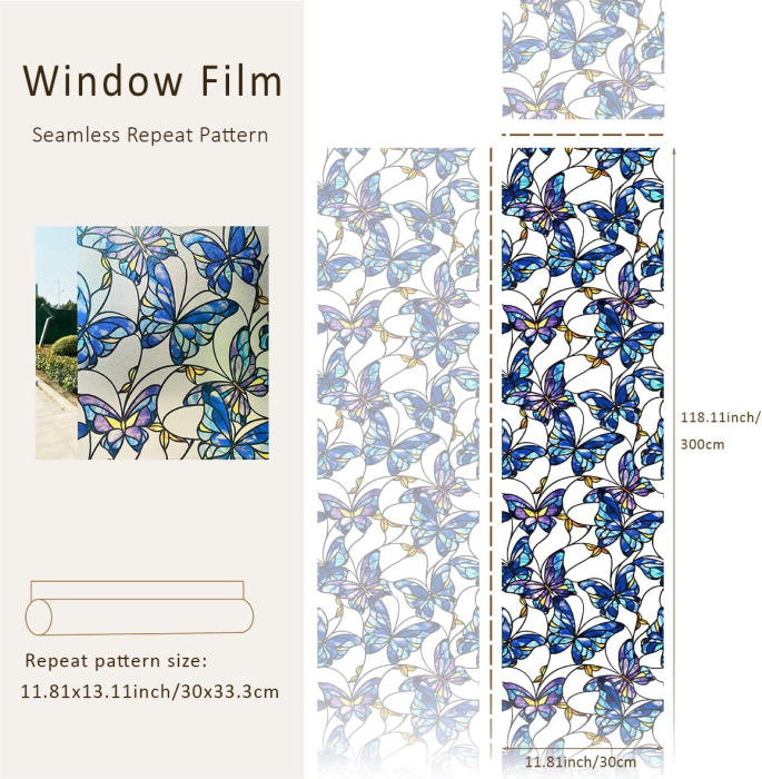 Folie autoadeziva blurata pentru confidentialitate ferestre , blocant UV 30x300 cm fluturi albastri [6]