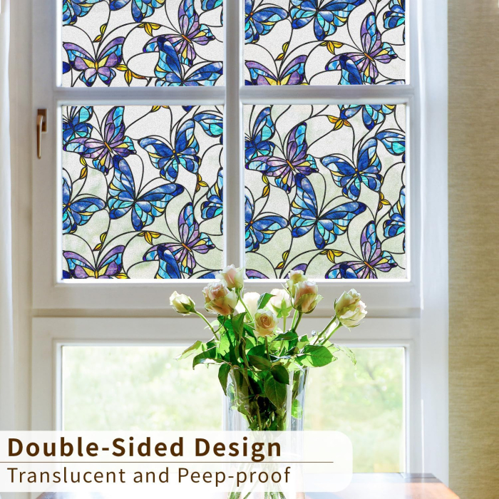 Folie autoadeziva blurata pentru confidentialitate ferestre , blocant UV 30x300 cm fluturi albastri [5]