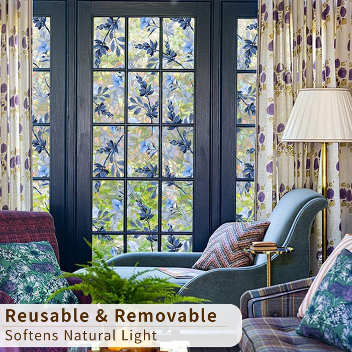 Folie autoadeziva blurata pentru confidentialitate ferestre , blocant UV 43x300 cm flori albastre [6]
