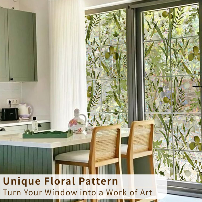 Folie autoadeziva blurata pentru confidentialitate ferestre , blocant UV 43x300 cm flori verzi [5]