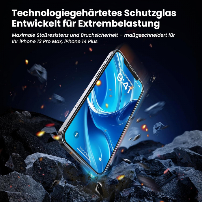 Folie de ecran pentru iPhone 13 Pro Max/14 Plus, sticlă securizată militară indestructibilă 9H+, 100% fără praf și bule [4]