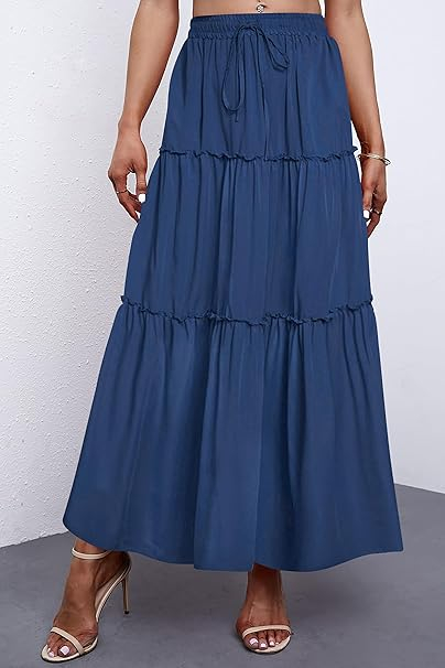 Fusta casual cu talie elastica, in trepte, albastra S [4]