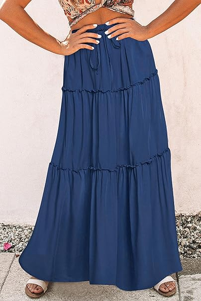 Fusta casual cu talie elastica, in trepte, albastra L [3]