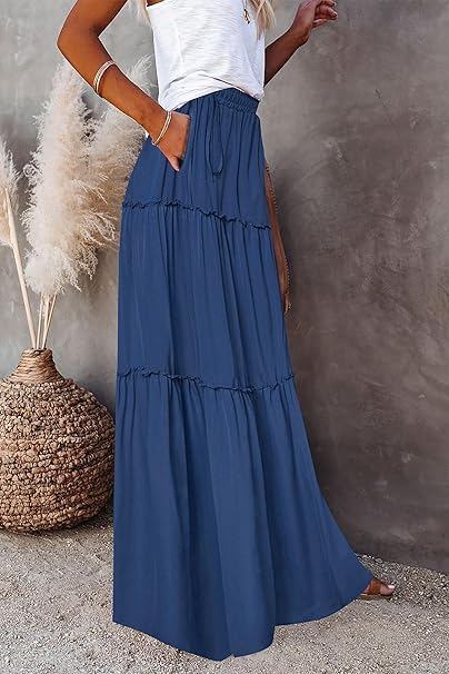 Fusta casual cu talie elastica, in trepte, albastra S [2]