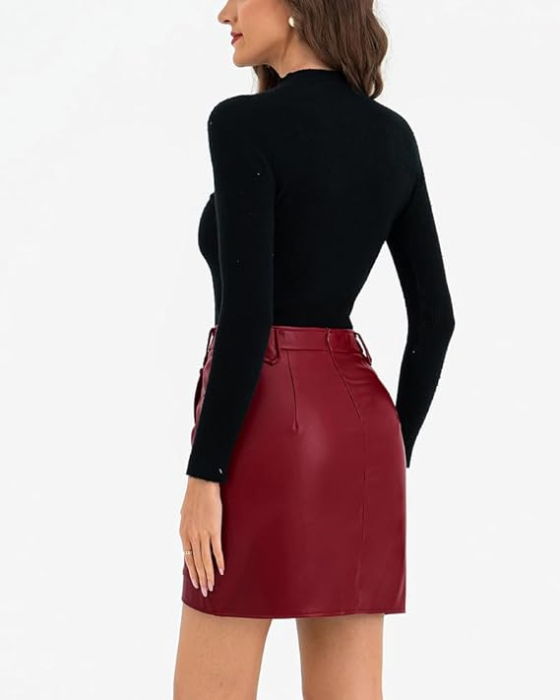 Fusta eleganta scurta pentru femei, talie inalta, din piele sintetica XL [2]