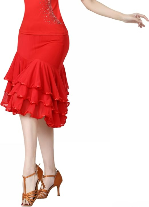 Fustă rosie de Dans Damă Ballroom și Latin, Talia Elastică 62-107 cm, Lungime 67 cm, Croi Evazat, pentru Waltz, Tango, Foxtrot [4]