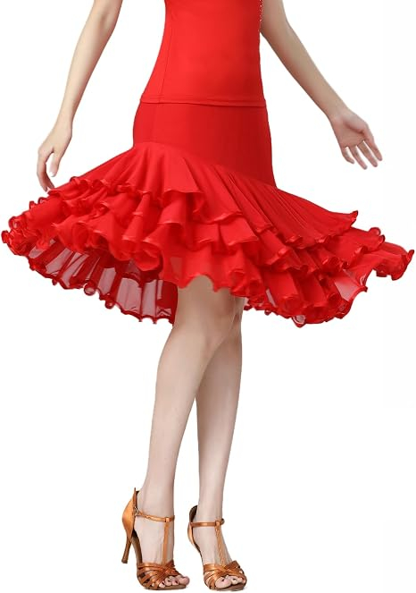Fustă rosie de Dans Damă Ballroom și Latin, Talia Elastică 62-107 cm, Lungime 67 cm, Croi Evazat, pentru Waltz, Tango, Foxtrot [2]