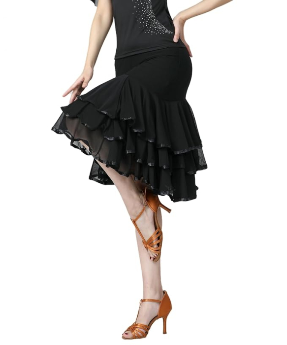 Fustă neagra de Dans Damă Ballroom și Latin, Talia Elastică 62-107 cm, Lungime 67 cm, Croi Evazat, pentru Waltz, Tango, Foxtrot [2]