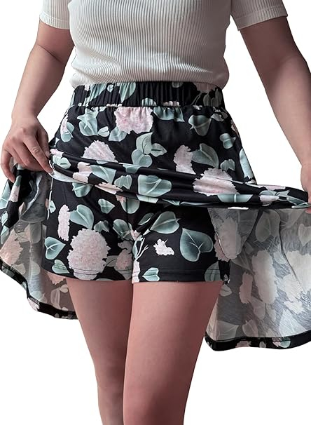 Fusta scurta cu pantaloni pentru femei, casual, neagra cu flori M [2]