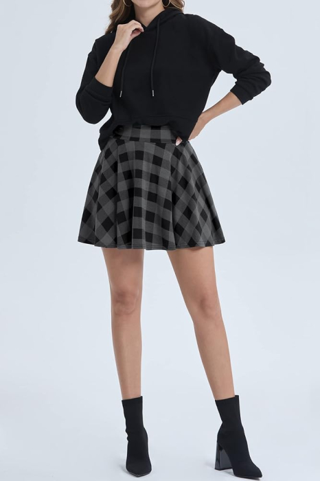 Fusta scurta pentru femei, casual, carouri, gri, negru XXL [6]