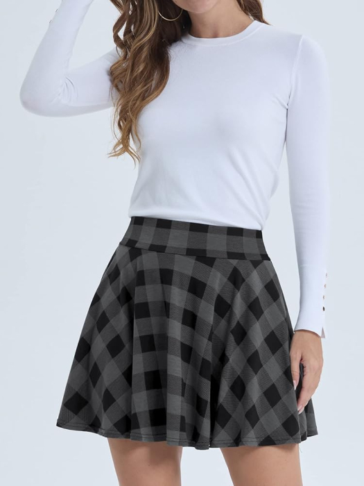Fusta scurta pentru femei, casual, carouri, gri, negru XXL [2]