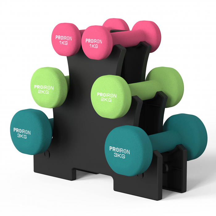 Gantere din neopren cu suport de-sustinere, Set de 6 gantere roz,verde,verde închis 2x1 kg,2x2 kg, 2x3 kg [1]