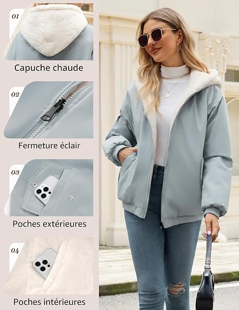 Geacă bleu Damă, de Iarnă, Reversibilă, Lungă, cu Glugă, Căptușeală Sherpa/Lână de Miel, Fermoar Dublu, 2 Buzunare, XL [5]