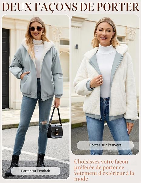Geacă bleu Damă, de Iarnă, Reversibilă, Lungă, cu Glugă, Căptușeală Sherpa/Lână de Miel, Fermoar Dublu, 2 Buzunare, XL [4]