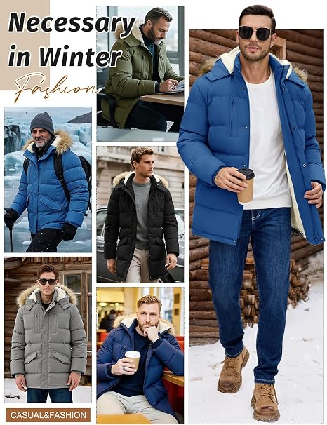Geacă albastra Iarnă Bărbați Heekpek, Parka Lungă, Impermeabilă, cu Glugă Detașabilă și Căptușeală Fleece, L [7]