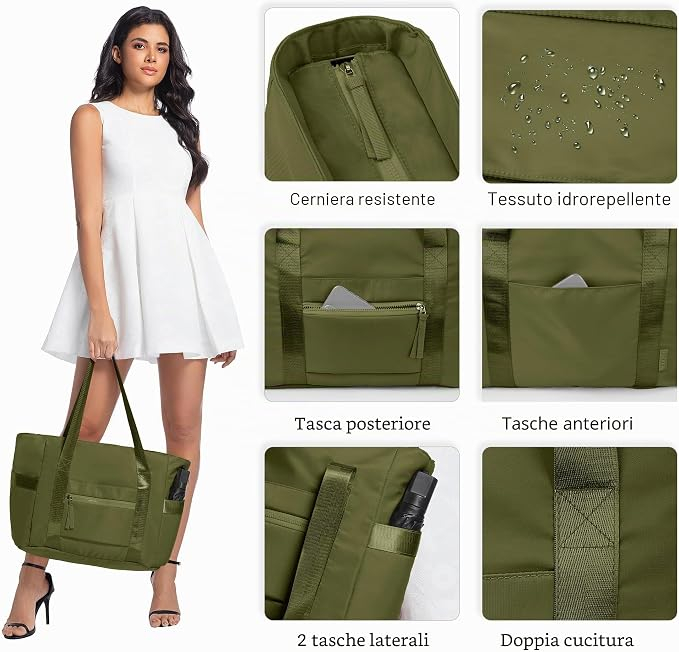 Geantă verde Damă Shopper Mare, pentru Laptop 15.6", Impermeabila, 7 Buzunare, Geantă Cosmetică Inclusă, Curea Reglabilă și Detașabilă, Compartiment Troler [5]