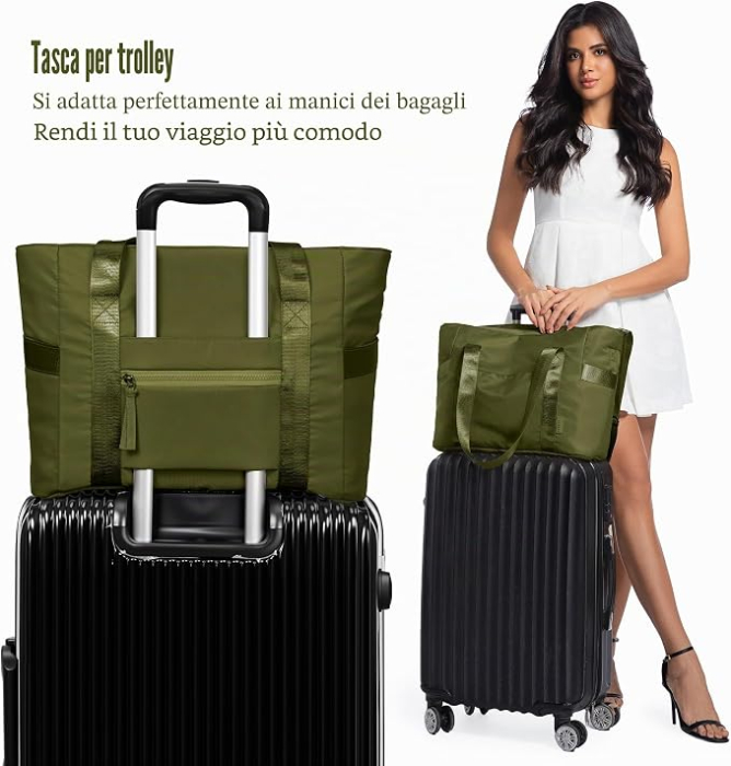 Geantă verde Damă Shopper Mare, pentru Laptop 15.6", Impermeabila, 7 Buzunare, Geantă Cosmetică Inclusă, Curea Reglabilă și Detașabilă, Compartiment Troler [6]