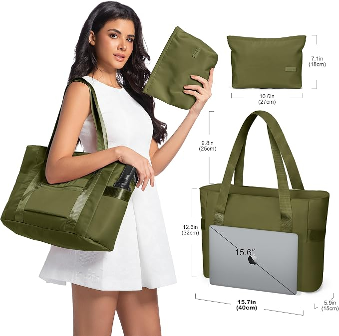 Geantă verde Damă Shopper Mare, pentru Laptop 15.6", Impermeabila, 7 Buzunare, Geantă Cosmetică Inclusă, Curea Reglabilă și Detașabilă, Compartiment Troler [3]