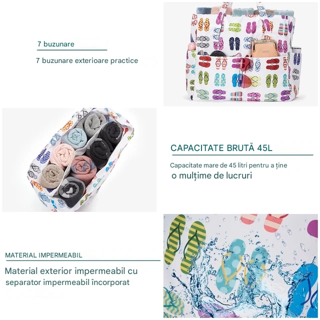 Geantă de plaja pentru femei, material textil impermeabil, 7 buzunare, 45 L [4]