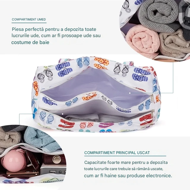 Geantă de plaja pentru femei, material textil impermeabil, 7 buzunare, 45 L [3]