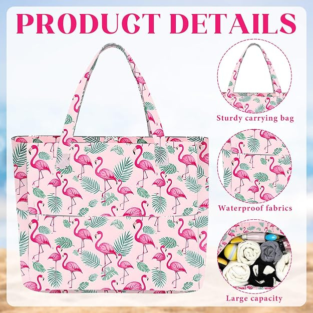 Geantă de plaja XXL familiala, material textil impermeabil, fermoar, model flamingo roz 50.8x40 cm [4]