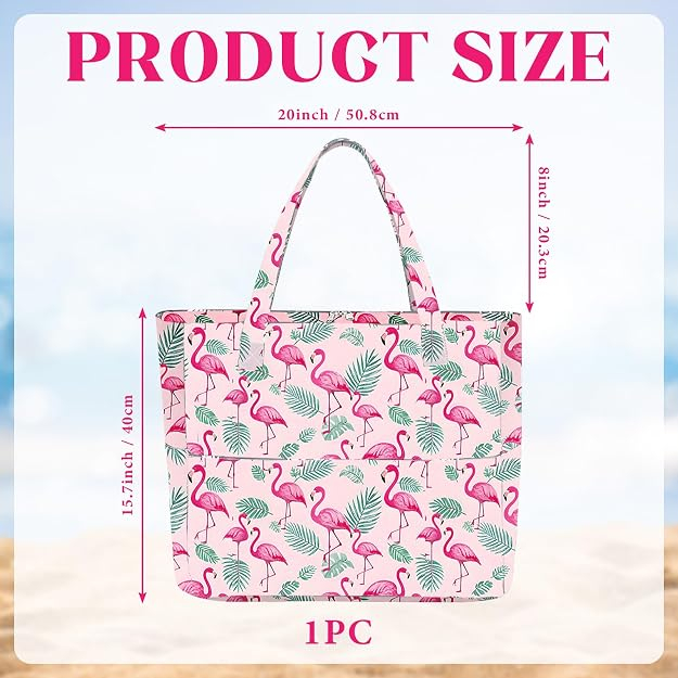 Geantă de plaja XXL familiala, material textil impermeabil, fermoar, model flamingo roz 50.8x40 cm [3]