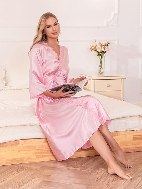 Halat de baie din satin pentru femei, Roz XL [5]