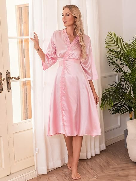 Halat de baie din satin pentru femei, Roz XL [2]