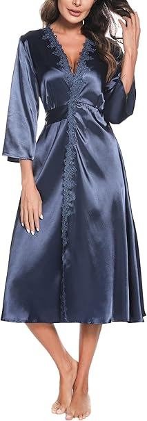 Halat de baie din satin pentru femei, albastru S [3]