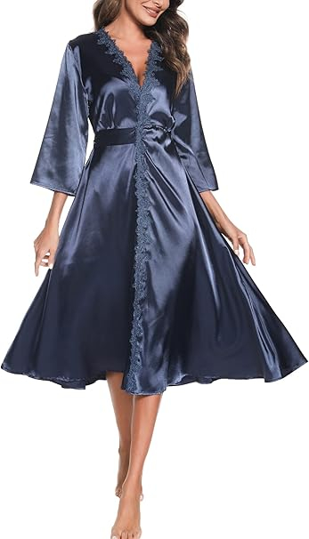 Halat de baie din satin pentru femei, albastru XL [1]