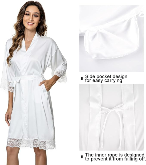 Halat de baie din satin pentru femei, Alb, dantelat, XL [4]