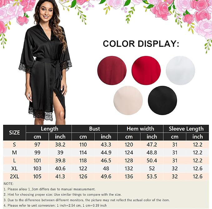 Halat de baie din satin pentru femei, negru, dantelat, S [5]