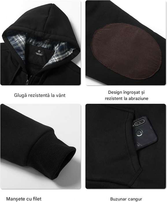 Hanorac negru captusit pentru barbati, maneca lunga, fermoar, gluga, L [7]