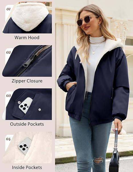 Geacă gri Damă, de Iarnă, Reversibilă, Lungă, cu Glugă, Căptușeală Sherpa/Lână de Miel, Fermoar Dublu, 2 Buzunare, XL [4]